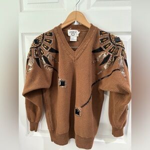 VTG 80s 90s Embellished Rhinestone Snakeskin Suede Ramie Cotton Sweater Size S